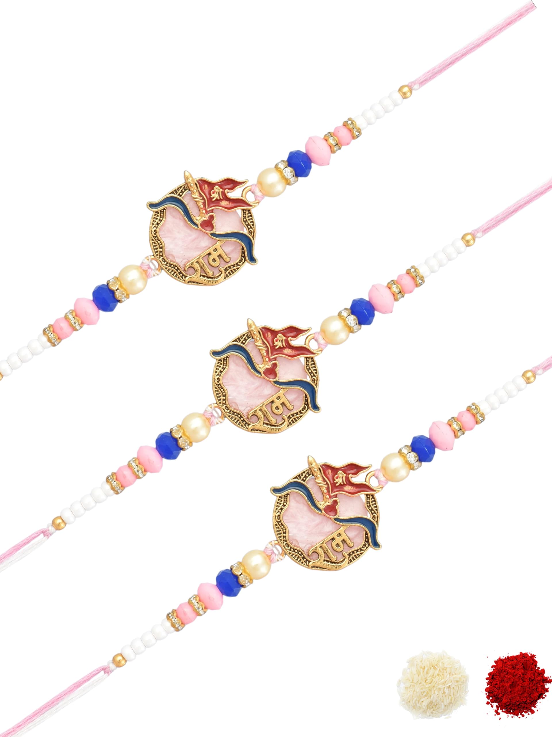 Premium Religious Shri Ram Dhanush Motif Beaded, Enamel Work, Cotton Thread Pack of 3 Rakhi with Roli Chawal & Greeting Card for Brother, Bhai, Kids for Raksha Bandhan Festive-61-image-11
