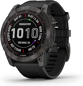 Garmin 010-02541-10 fenix 7X Sapphire Solar,Larger adventure smartwatch, Solar Charging Capabilities, rugged outdoor GPS watch, touchscreen, wellness features, Carbon Gray DLC Titanium with Black Band