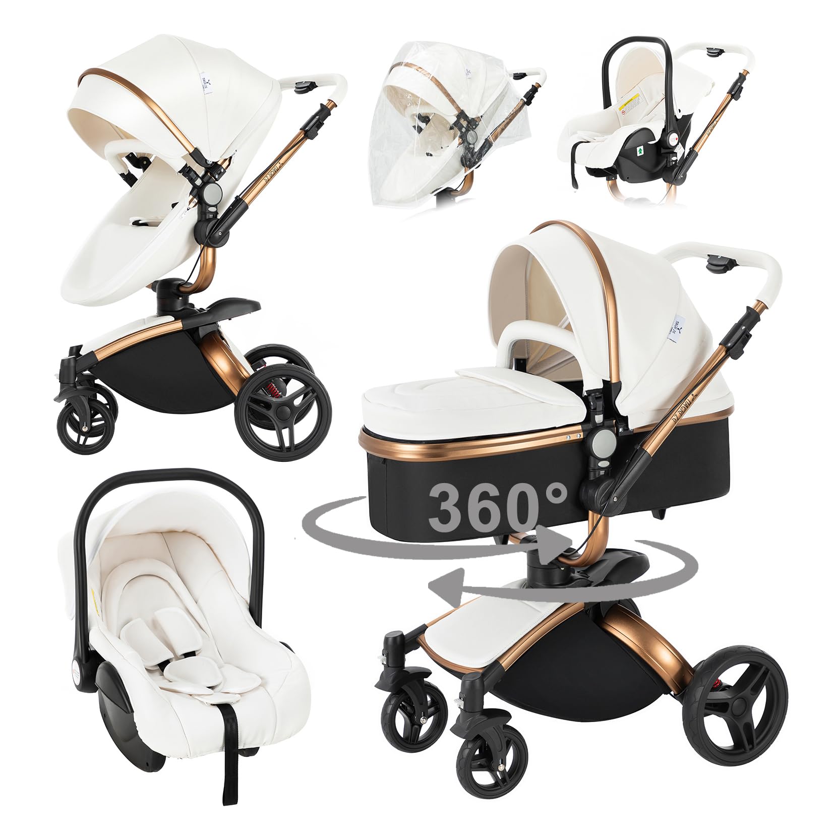 Magic ZC 360° Girevole Pelle PU Passeggino Trio, Passeggino 3 in 1 con Reversibile a Due Vie, Trio Passeggini Neonati con Accessori, Carrozzina per Neonati con Portatile Pieghevole Un Clic (906 White)