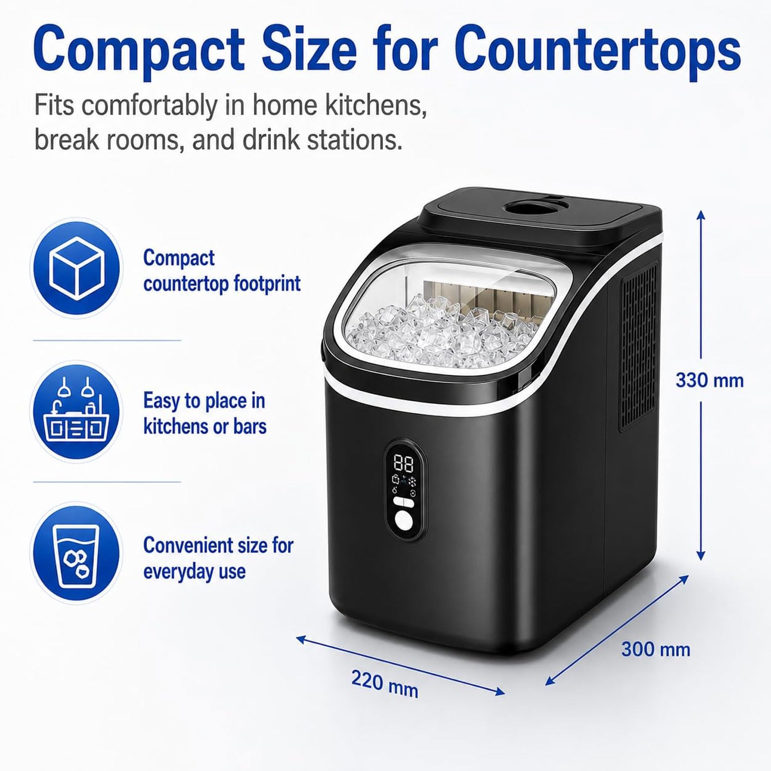 JOSBY Máquina De Hielo Portátil De 20 Kg/día, con Pantalla LCD Y Depósito De Agua Desmontable De 1,5 L, Autolimpieza, Temporizador De 24 Horas, Congelación Eficiente, Ideal para El Hogar, La Oficina