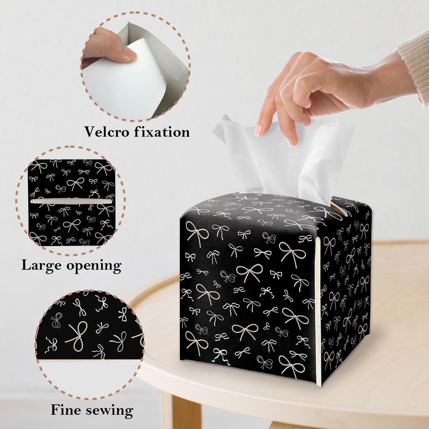 Tissue Box Cover Square, Black Bows Tissue Box Holder with Bottom Belt, Leather Facial Paper Holder for Bathroom Vanity Countertop, Nightstands, Dining Table, Office, Car -36 image 3