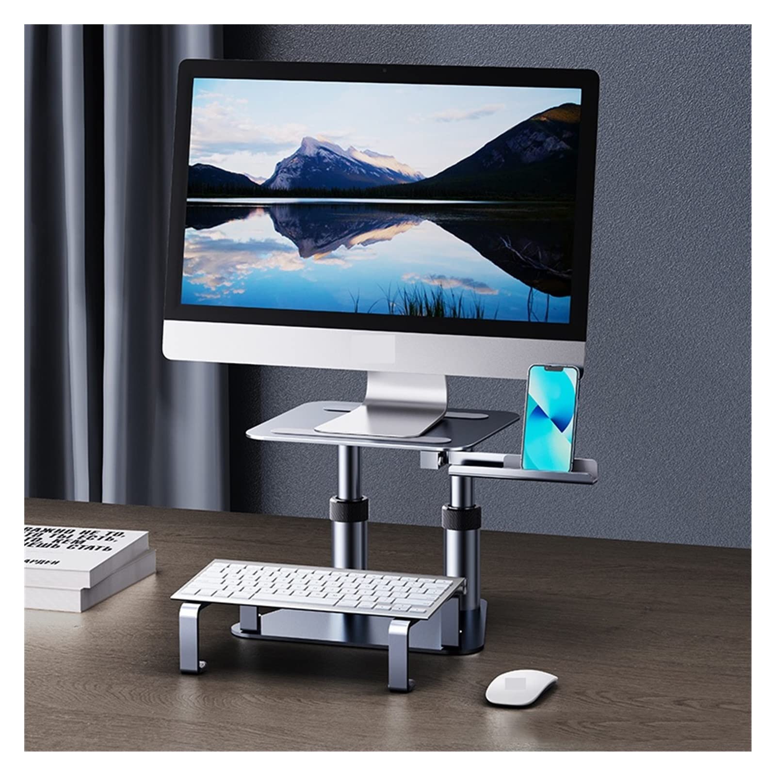 Aioneer Screen Stand, Computer Monitor Stand Height Adjustable Retractable Mount Desk Laptop Riser Keyboard Support-Grijs-1