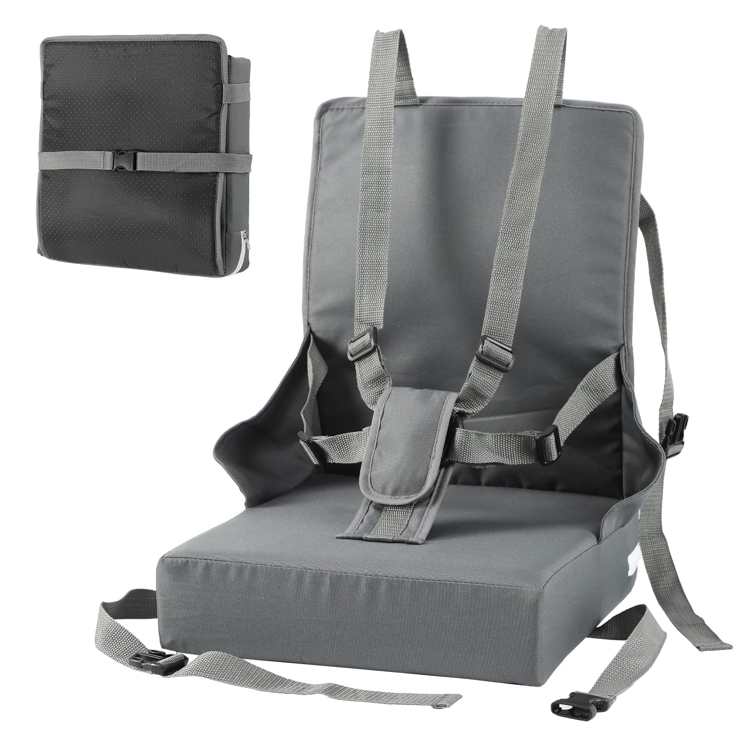 Vkechh Sitzerhöhung Stuhl Kind, Verstellbarer Kinderstuhl mit 5-Punkt Gurt, Tragbares Sitzkissen Kinder Stuhl, Rutschfeste Baby Sitzerhöhung inklusive Storage Bag, Grau