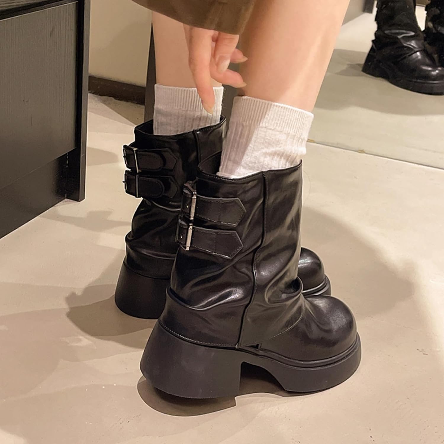 Black Slouchy Platform Ankle Boots for Women - Chunky Heel Leather Boots with Metal Accents | Edgy Trendy Footwear for Street Style, Daily & Casual Outings