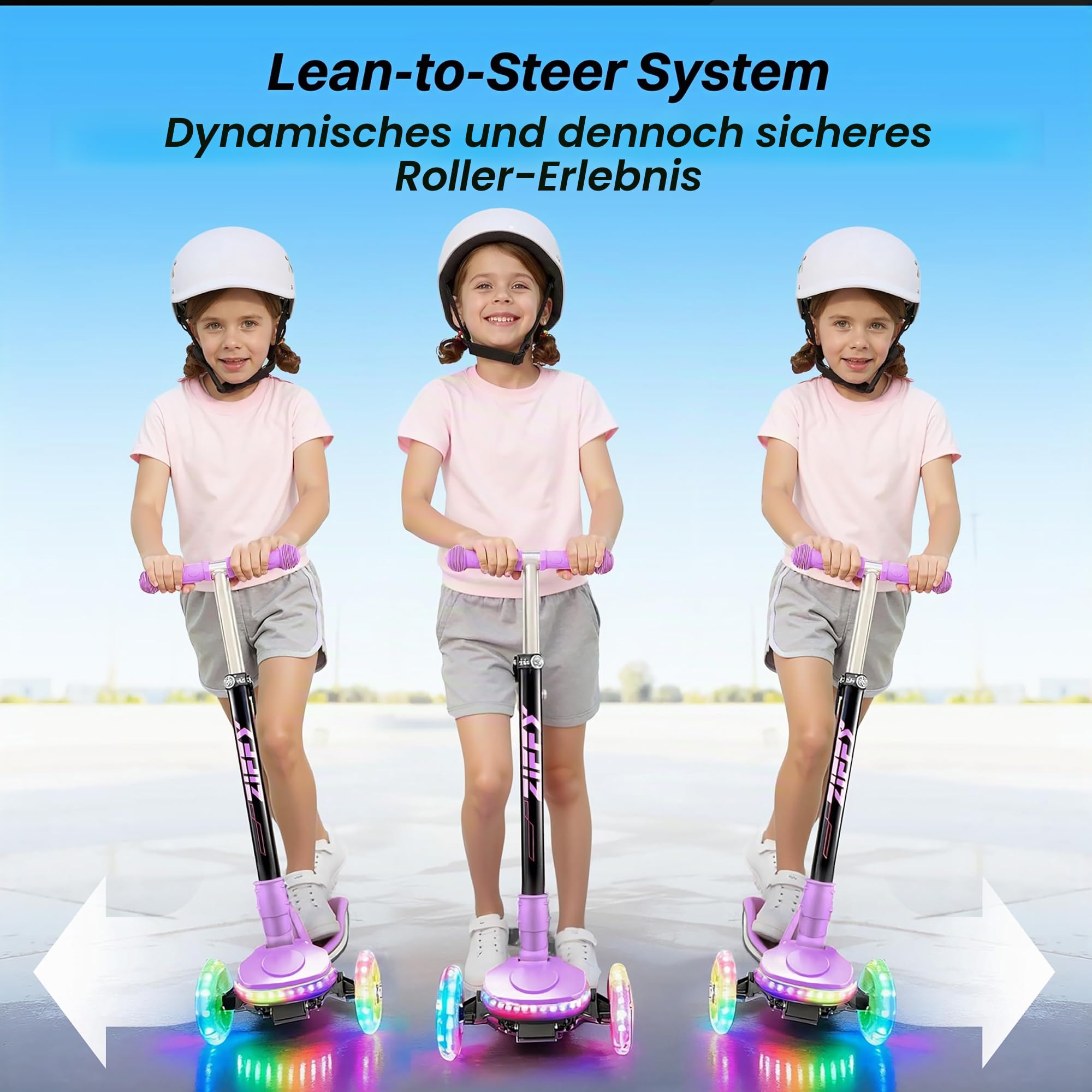 ZIFFY Kids Scooter for Boys & Girls LED Light-Up Wheels, 4 Adjustable Height Handlebars, and Lean-to-Steer Design with Anti-Slip Wide Deck for Stability - Up to 110LBS