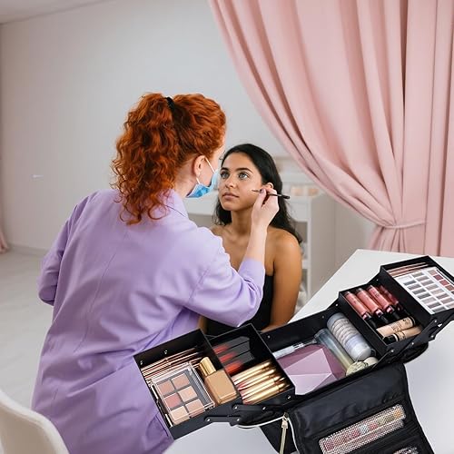 Miniatura 8 de Estuche grande de viaje para maquillaje, organizador de bolsa de maquillaje, caja de maquillaje profesional de 4 niveles para almacenamiento de