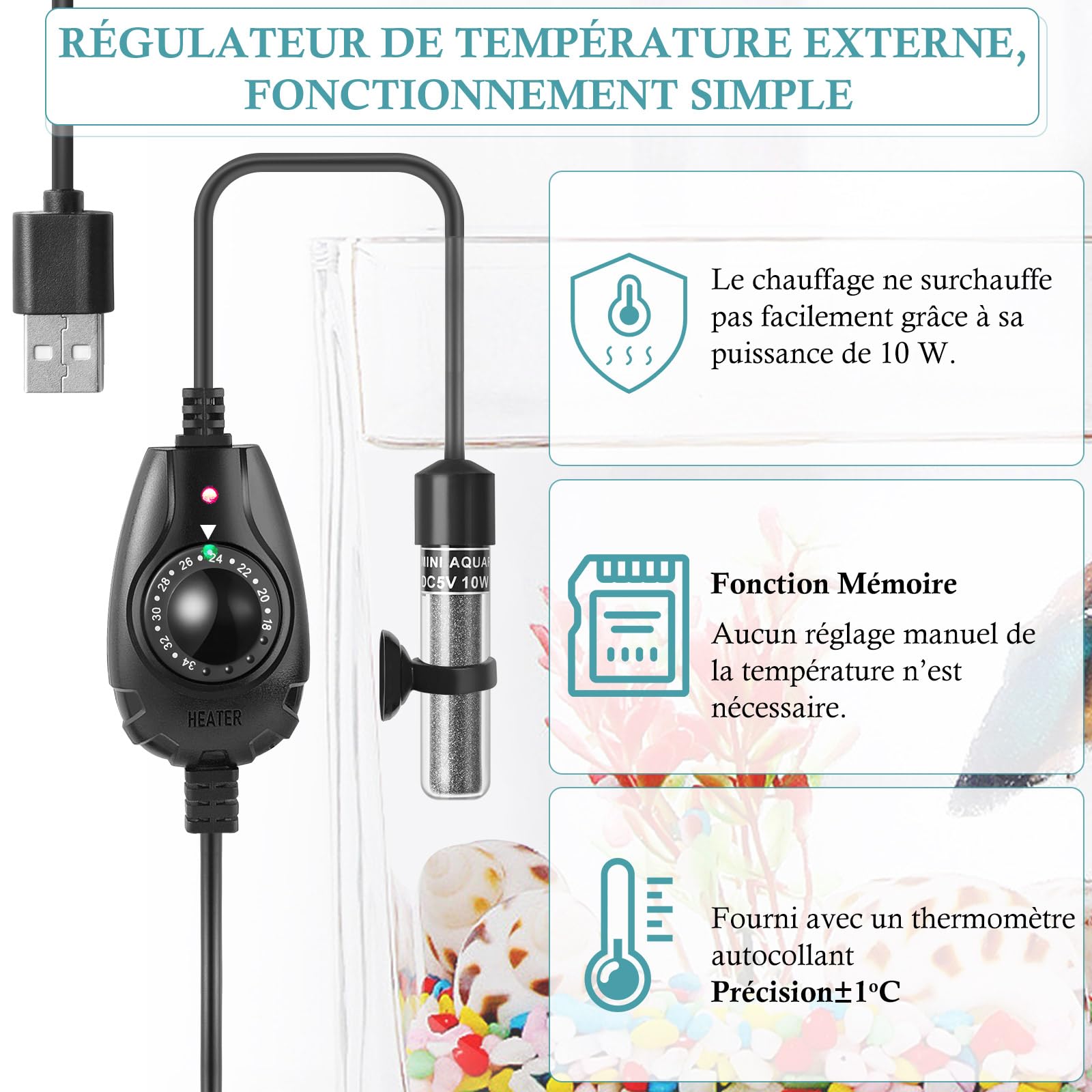 10W Chauffage Aquarium USB Ultra Mini, Chauffage Réglable Compact pour Petits Aquariums 1-10L, avec Régulateur Externe, Chauffage pour Betta et Ronds à Poissons