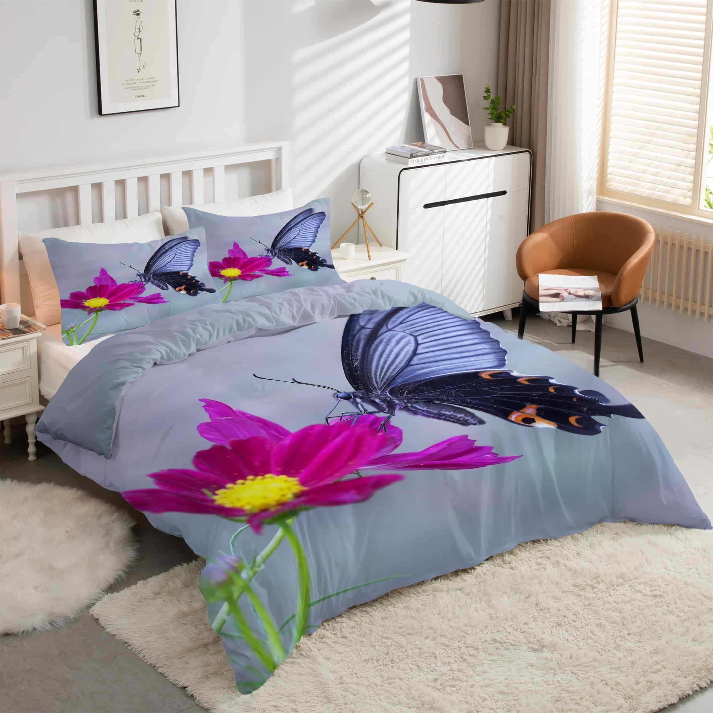 Housse de couette 240x260 papillon bleu et marguerites avec ses 2 taies d'oreiller kK1974
