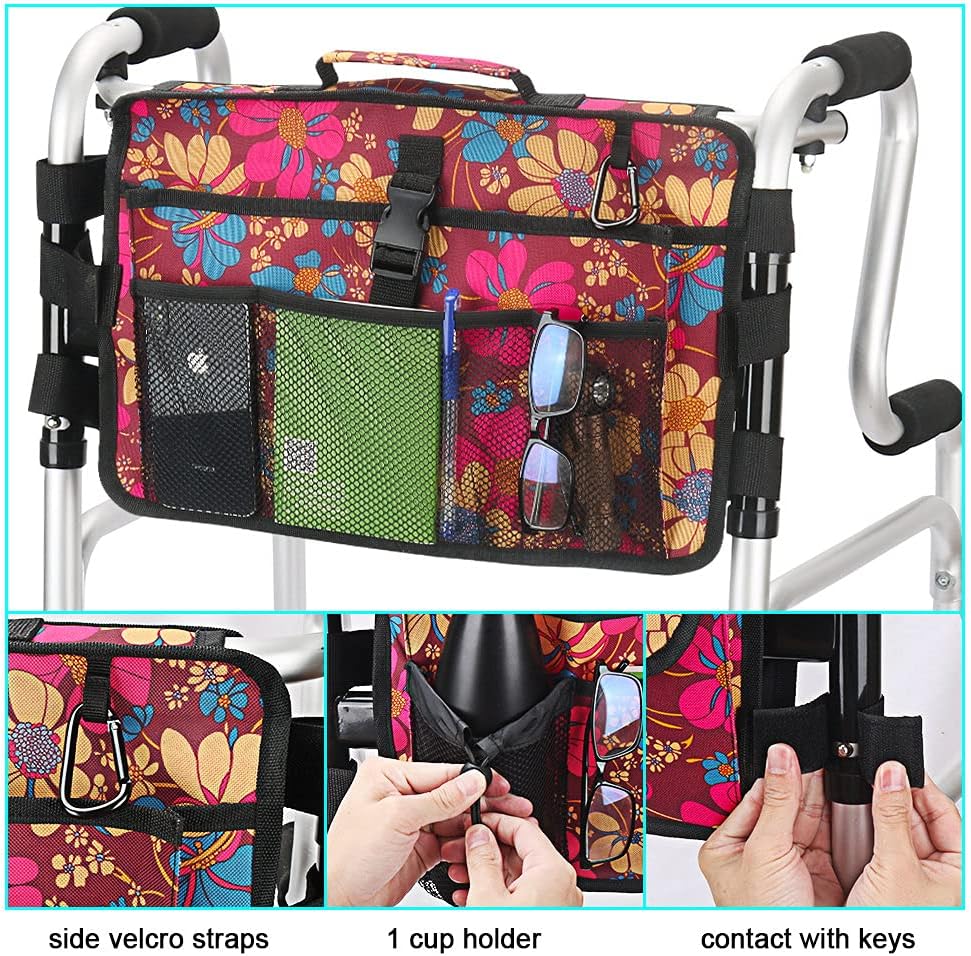 Walker Bag-Double Sided Walker Pouch with 9 Pockets for Large Capacity Water Resistant Tote Folding Walker Basket Caddy Universal fit Walker, rollator (Flower) : Toys & Games