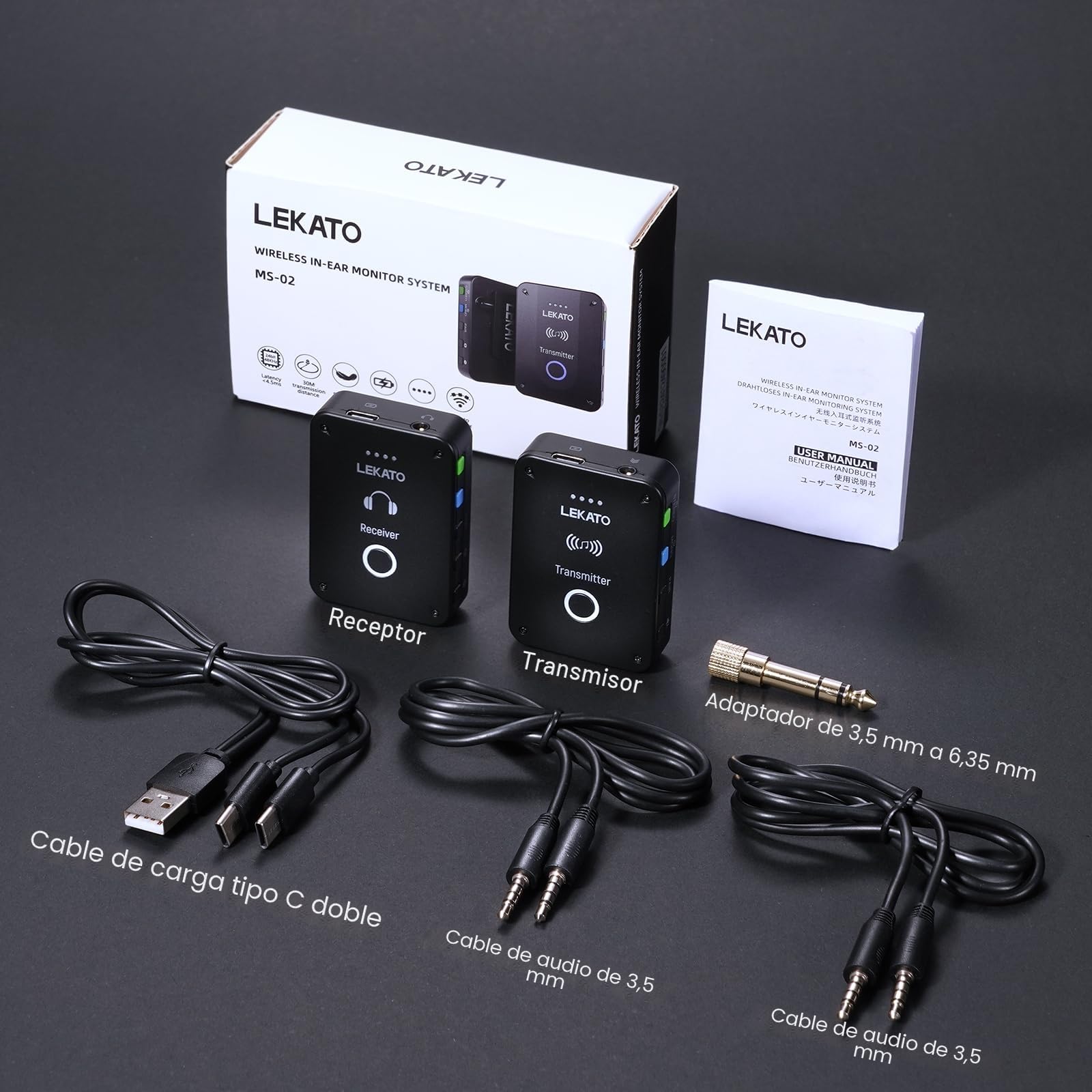 LEKATO MS-02 Monitores In-Ear Inalámbricos — 2,4G Sistemas In-Ear para Monitorización para Auriculares In-Ear, para Escenarios y Megafonía — IEM Consta de 1 Transmisor y 1 Receptor