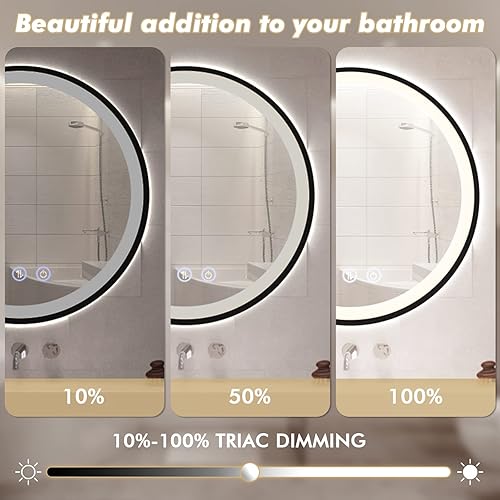 Miniatura 4 de Espejo de baño LED con luces marco negro espejo redondo grande con luces táctiles espejo montado en la pared para 3 colores regulable antiniebla