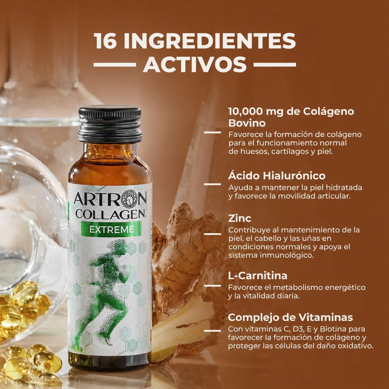 GOLD COLLAGEN Artron Collagen Extreme - Suplemento Sistema Inmunitario Apoyo Muscular, Huesos, Articulaciones y Cartílago, Formación Colágeno con Vitaminas para Cansancio, Vitamina C D E B, 10x50 ml