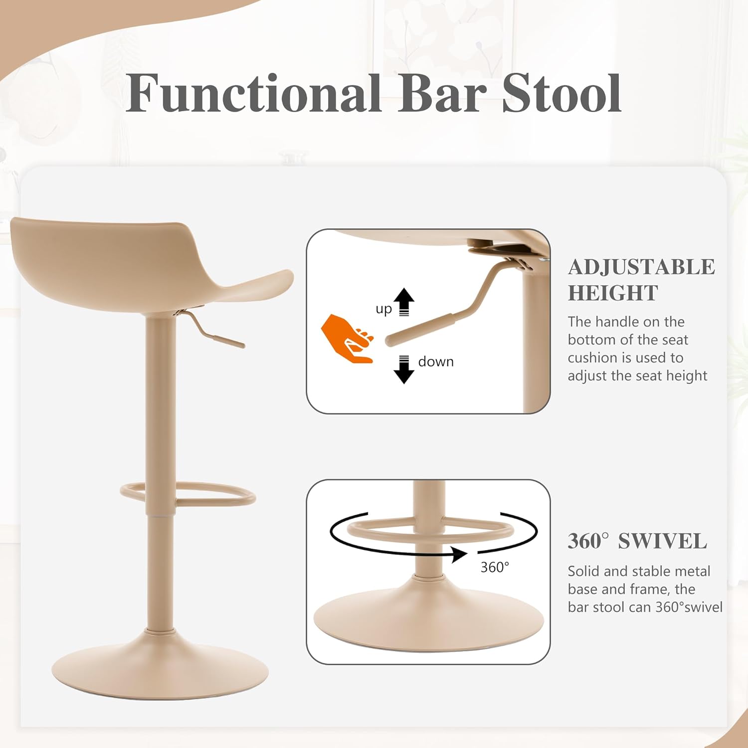 YOUNIKE Adjustable Height Bar Stools Set of 2 Plastic Swivel Barstool with Low Back Modern Kitchen Counter Island Bar Chairs for Breakfast Nook Cafe Bars Light Khaki