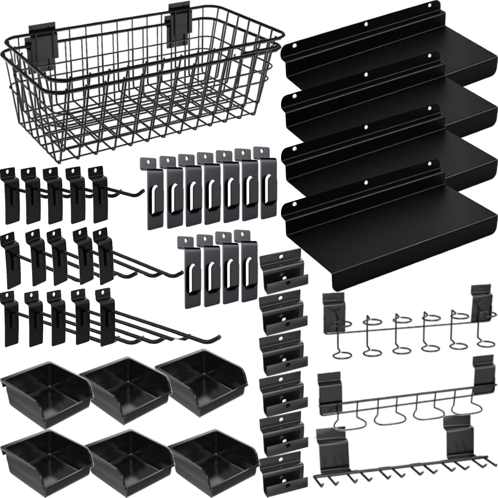 BeapTcely 40-Piece Slatwall Organizer Kit - Includes Hooks, Shelves, Baskets, Bins, Screwdriver Holder for Garage & Room Storage
