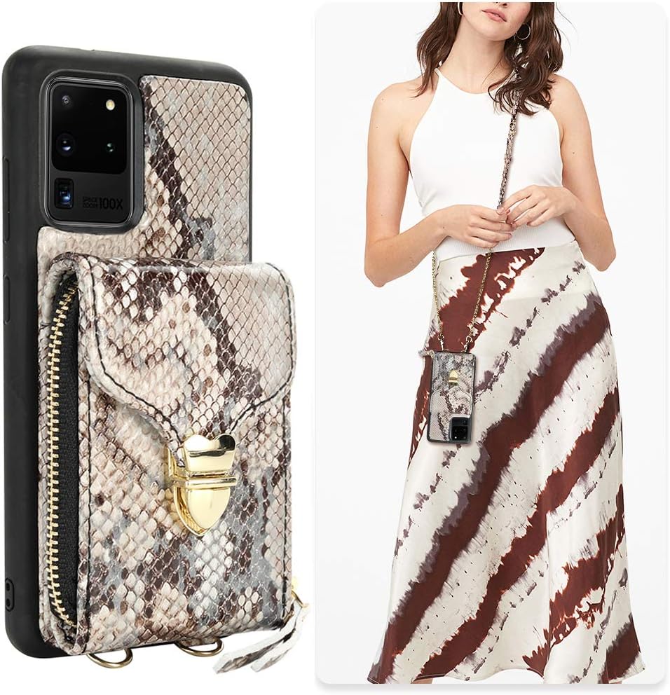 JLFCH Galaxy S20 Ultra Wallet Case, Crossbody Case for Samsung Galaxy S20 Ultra 5G with Wrist Strap Chain Card Slot Holder Zipper Closure Protective. S20 Ultra 6.9 inch - Khaki Snake