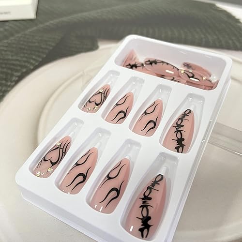 Miniatura 5 de Uñas postizas a presión de color nude, uñas postizas medianas con diseño de líneas irregulares negras con diamantes de imitación, uñas postizas de