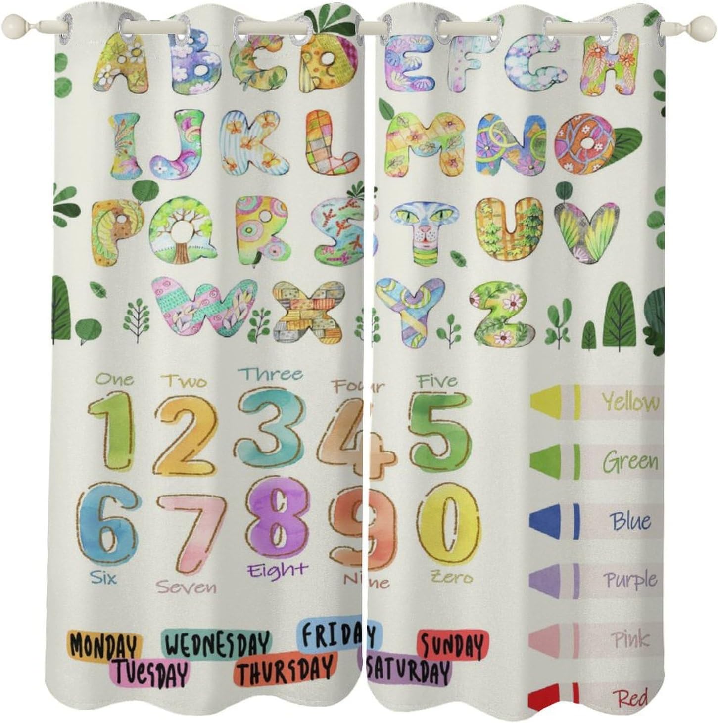 Cartoon Alphabet Curtains for Kids Room, Enlightenment Education Cute Colorful Animal Digital Weather Crayon Pattern Decor Window Treatments, Blackout Drapes for Nursery, 42x45inch (2 Panels)