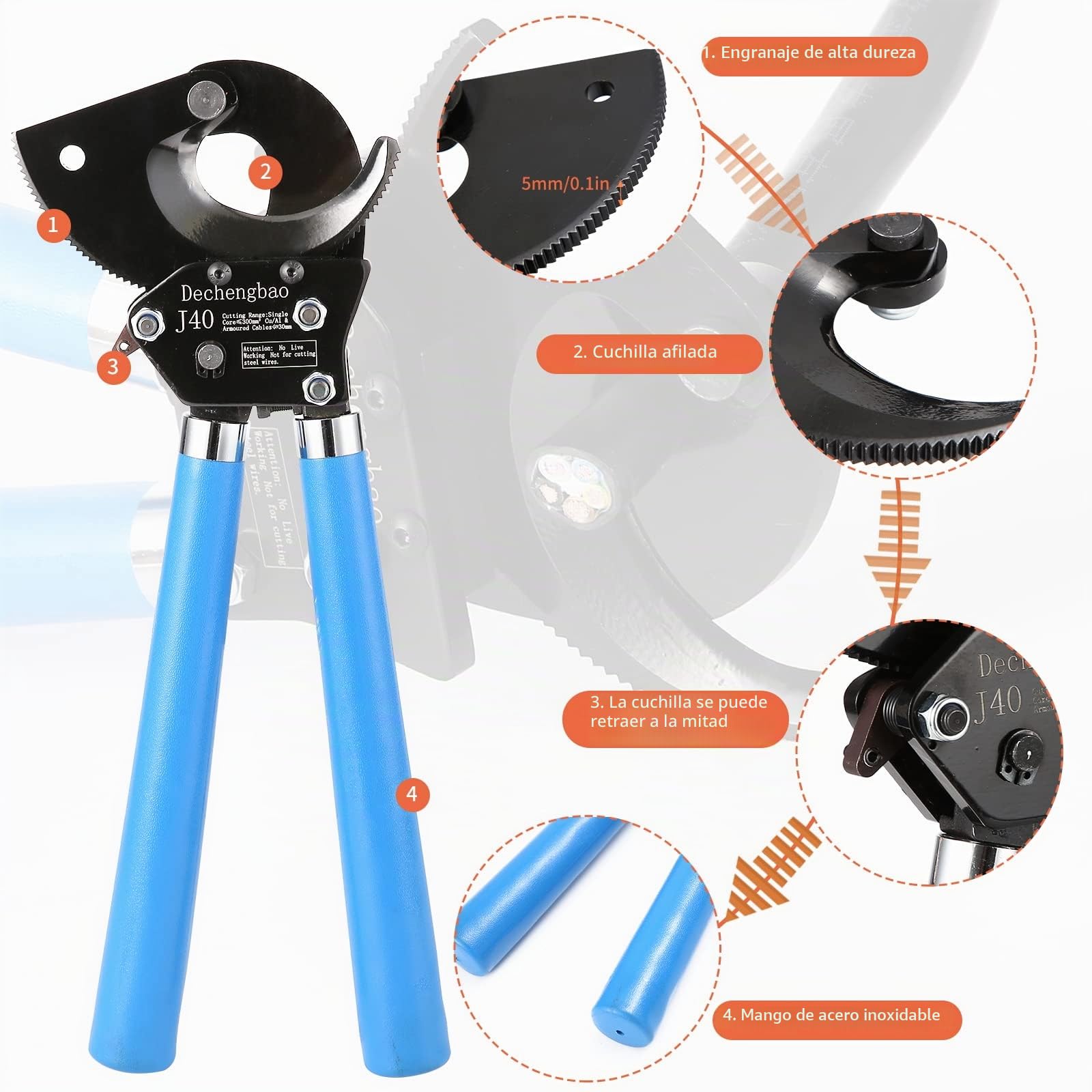 J40 - Cortador de alambre de alta resistencia para cable de cobre de aluminio de hasta 400 mm², cortadores de cables de trinquete