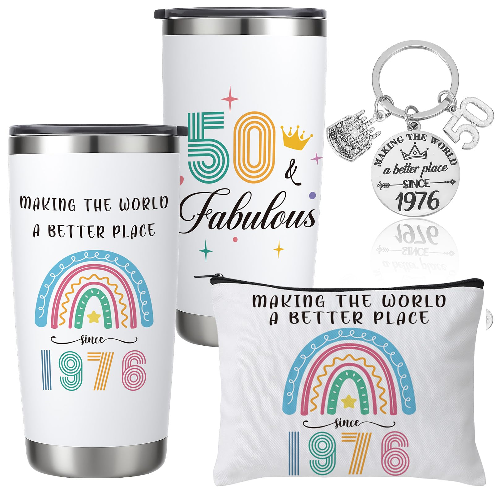 saerryor 50th Birthday Gifts for Women 1976 Personalised Mug Insulated Tumbler Makeup Bag Keyring Mum Gifts from Daughter Son Thank You Presents for Wife Auntie Friends Sisters Teachers Colleagues