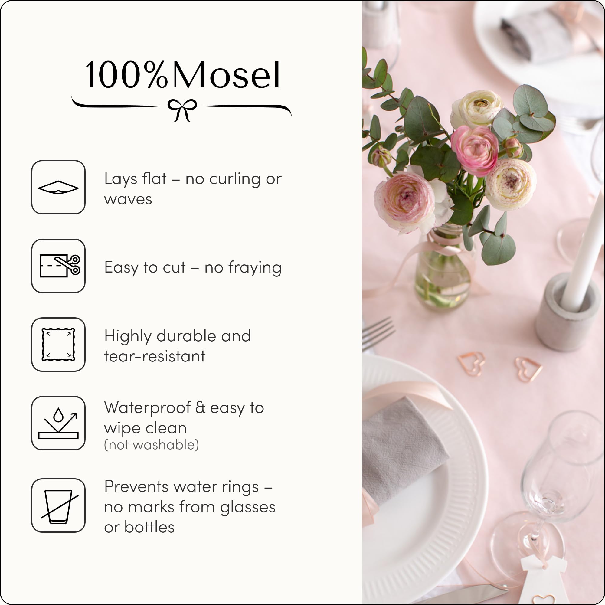 100%Mosel Bieżnik stołowy z włókniny, w kolorze Blush Rosé (30 cm x 25 m), dekoracyjna wstążka stołowa, elegancka dekoracja stołu na urodziny i wesela, kolorowa dekoracja na specjalne okazje