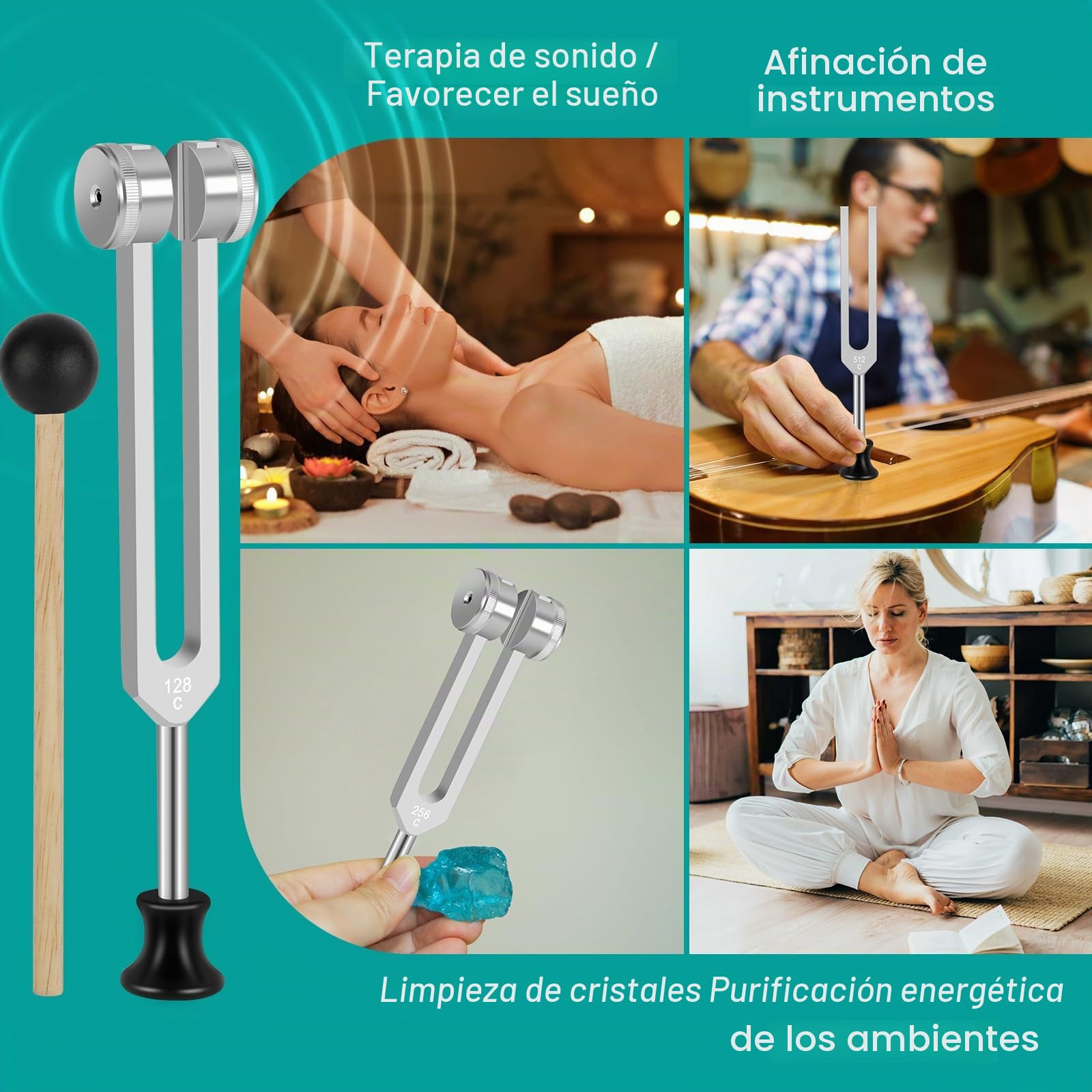 POFIBO Set de Diapasón Terapéutico (128Hz/256Hz/512Hz) – Diapasón Set para Terapia de Frecuencia, Relajación, Yoga y Meditación (con Martillo y Bolsa)