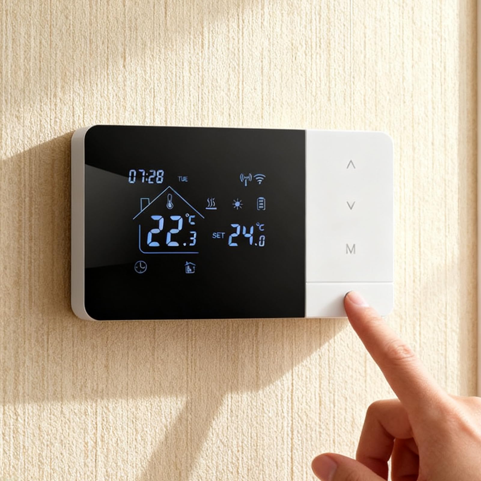 Inteligentny termostat WiFi, kontroler z ekranem dotykowym Heat Cool, 15 x 7 cm, regulacja temperatury z dostępem głosowym, urządzenie sterujące klimatyzacją, termostat domowy z nowoczesnym