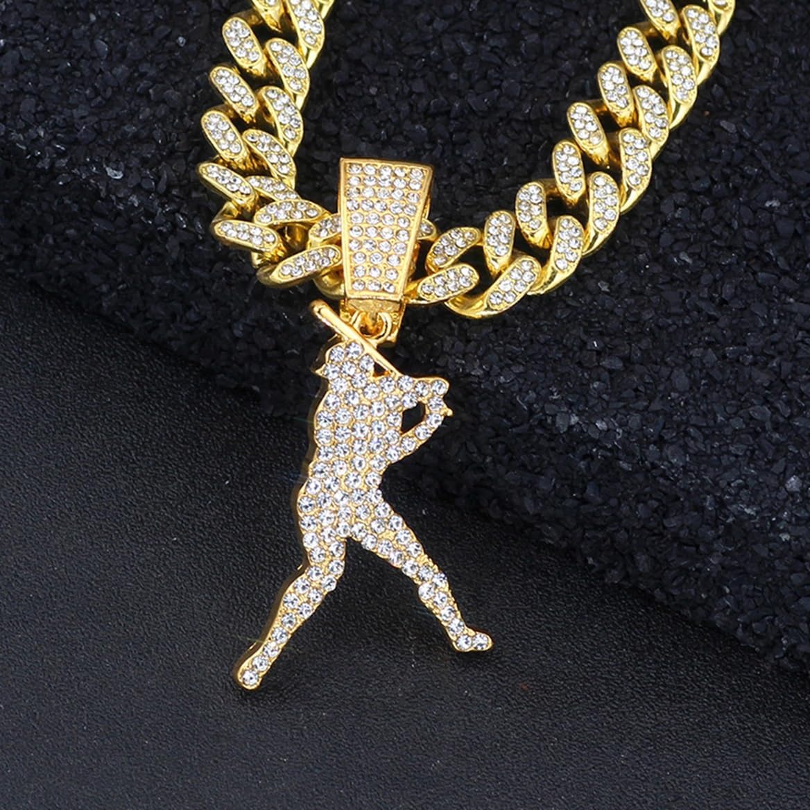 Men’s Hip Hop Rhinestone Baseball Athlete Pendant Necklace Rock Rapper Jewelry, Gothic Punk Rock Iced Out Gold Baseball Player Sports Cuban Link Chain for Men