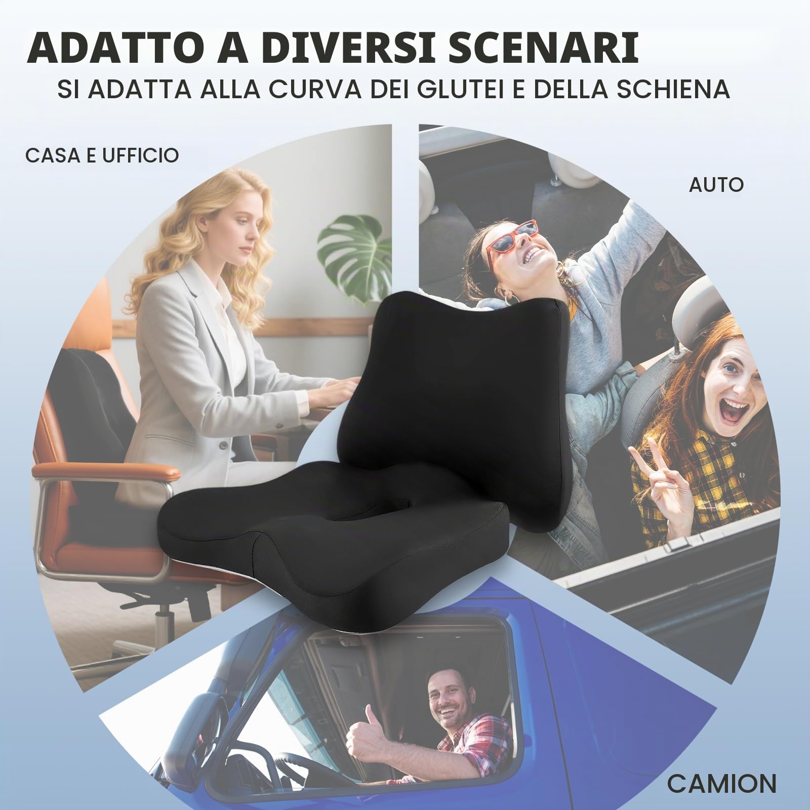 Cuscino Sedia Ufficio 2 in 1, Supporto Lombare e Seduta Cuscino Lombare Auto in Memory Foam, Ergonomico per Auto e Gaming, Allevia Dolore Coccige e Schiena, Fodera Lavabile e Base Antiscivolo