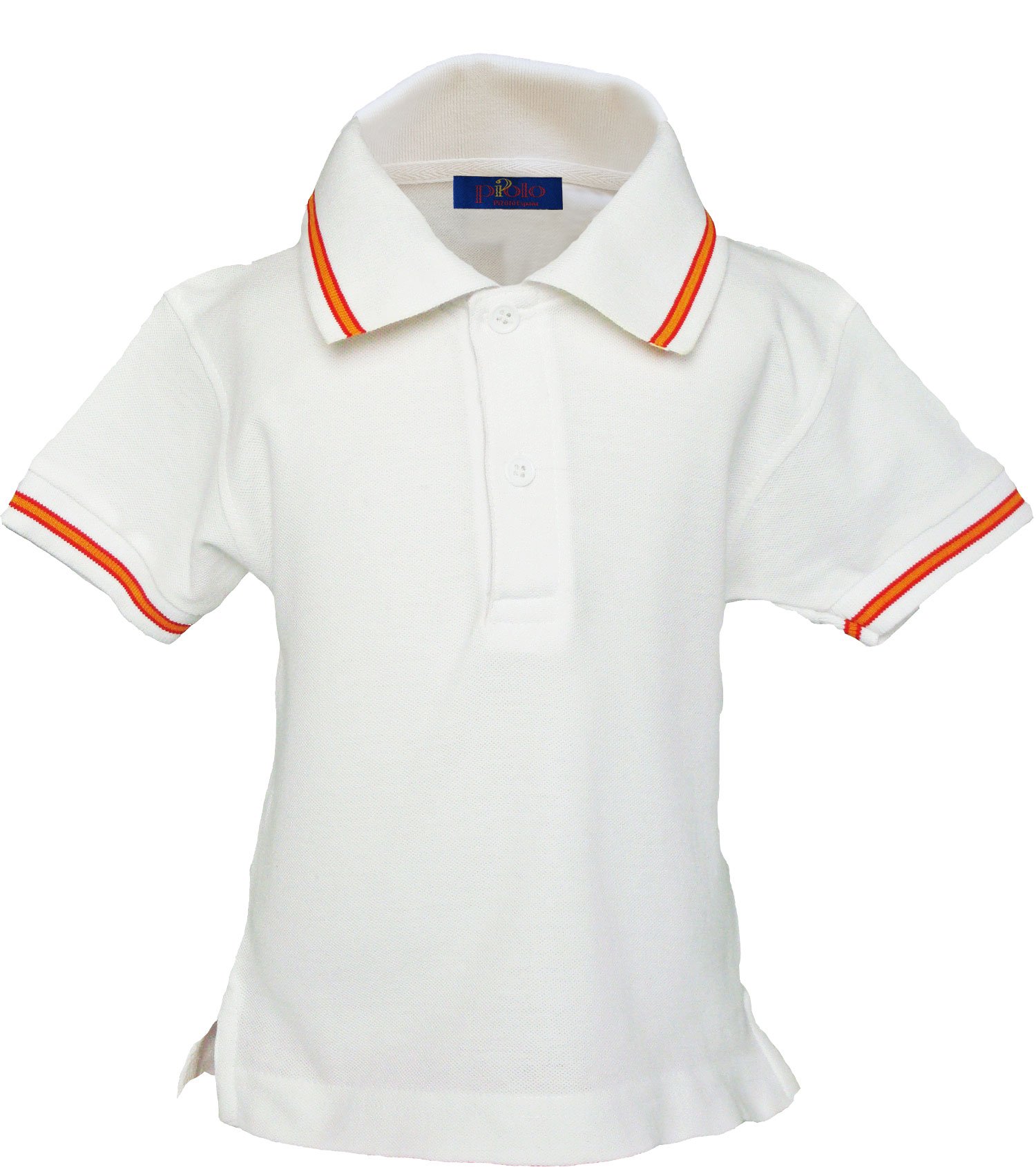 Pi2010 Polo niño con Bandera de España en Cuello y Mangas, Blanco, 100% algodón