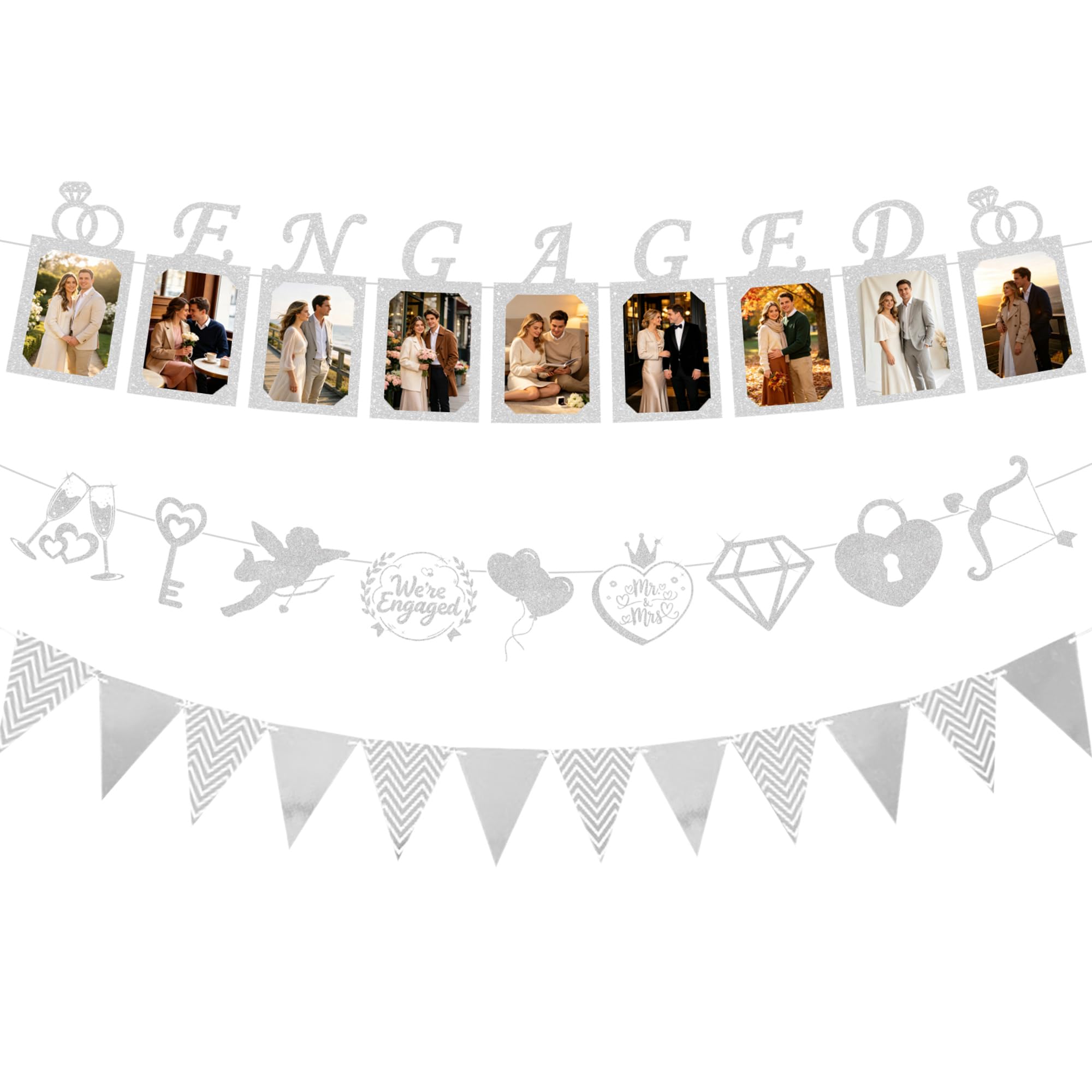 Silver Engagement Party Photo Banner Set, 30 Pcs Glitter Photo Banners