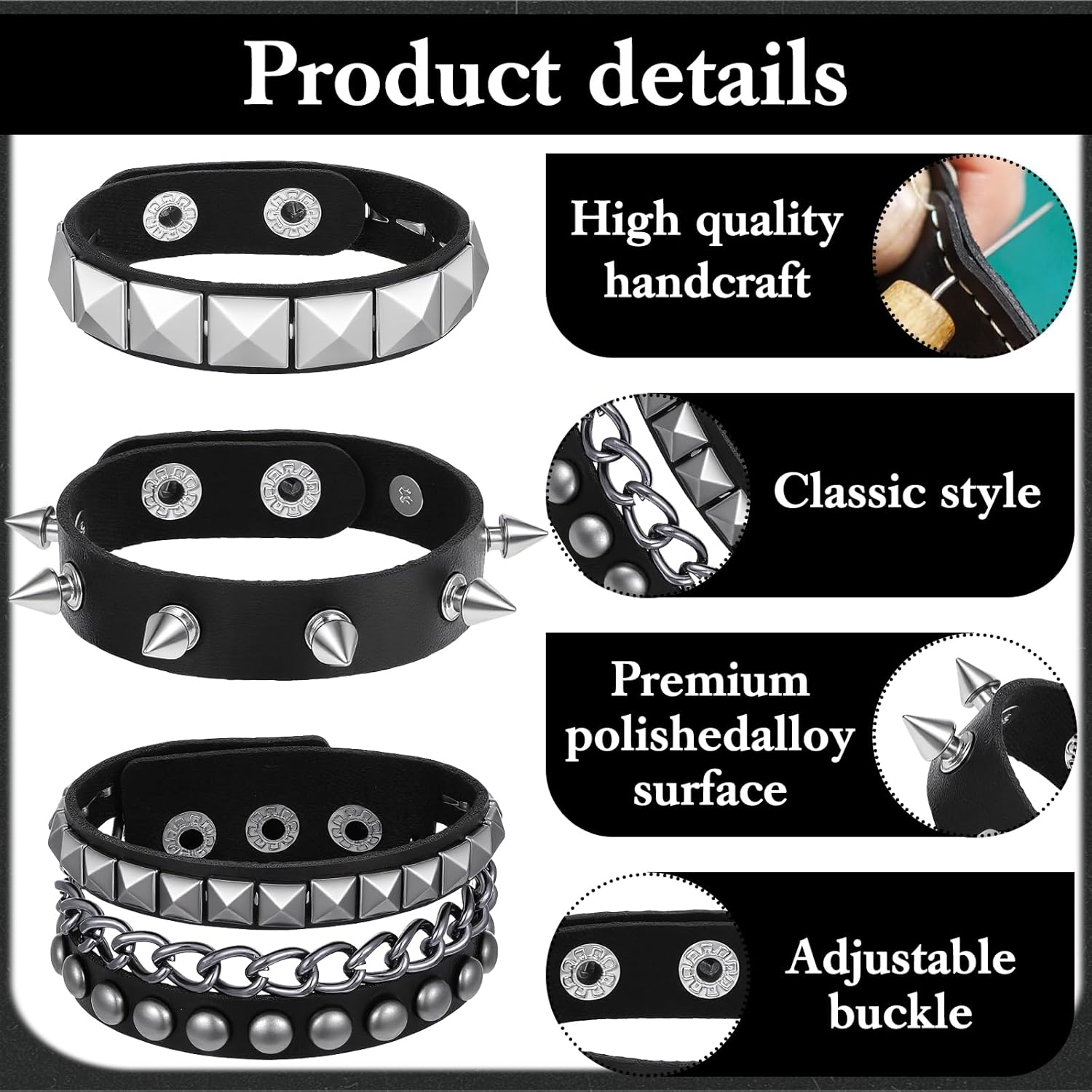 3Pcs Punk Studded Bracelets, Goth Spike Bracelets, Leather Cuff Bracelet for Men Women, Adjustable Metal Wristband for Halloween Accessories for Rocker Outfits - Image 6