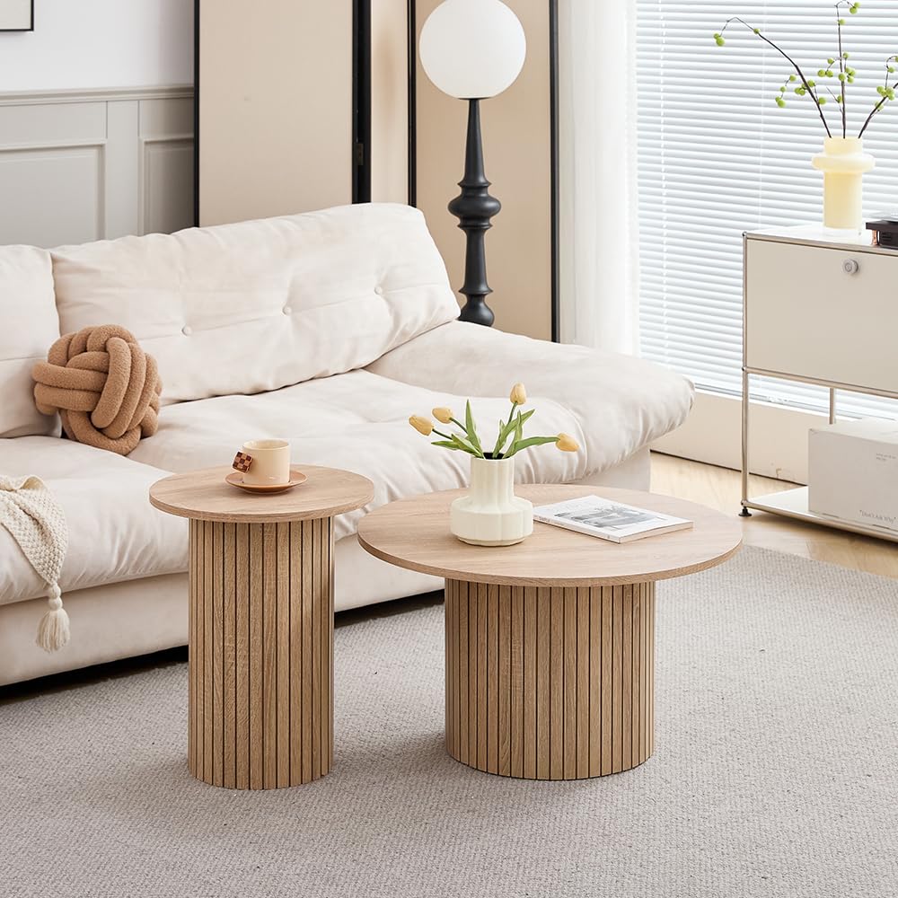 Juego de 2 Mesas de Centro Redondas de Madera, Mesa Auxiliar Moderna con Base de Columna Romana para Sala de Estar, Balcón y Dormitorio （Veta de Madera Natural）