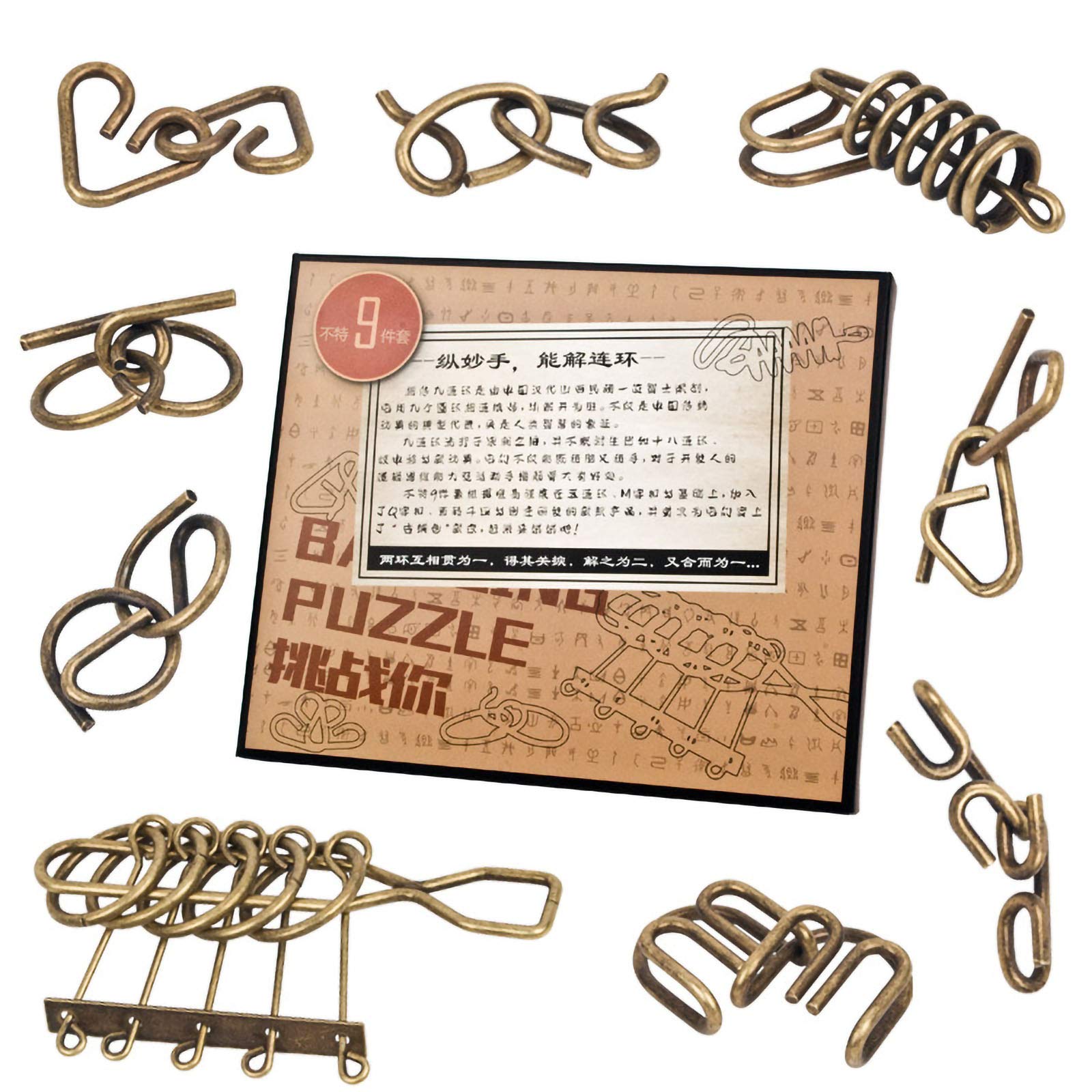 Large Metal Wire Puzzle Brone Metals Puzzles Stress Relief Toys 9 Pack Brain Teaser IQ Test Great Educational Metals Still Puzzle Games Toys Stocking Stuffers Party Favors for Kids Adults