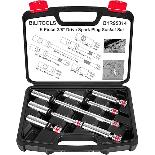 BILITOOLS 6 Piece 3/8-Inch Drive Magnetic Swivel Spark Plug Socket Set-includes 9/16-Inch, 5/8-Inch, 14mm, 16mm Socket & 3/8-inch Drive with 6-Point and 12-Point, CR-V