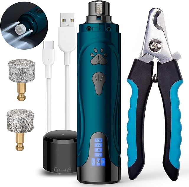 YABIFE Dog Nail Grinder with Nail Clipper, Dog Nail Trimmers Kit, Super Quiet Electric Pet Nail Grinder, Rechargeable, for Small Large Dogs & Cats Toenail & Claw Grooming,3 Speeds, 2 Grinding Wheels