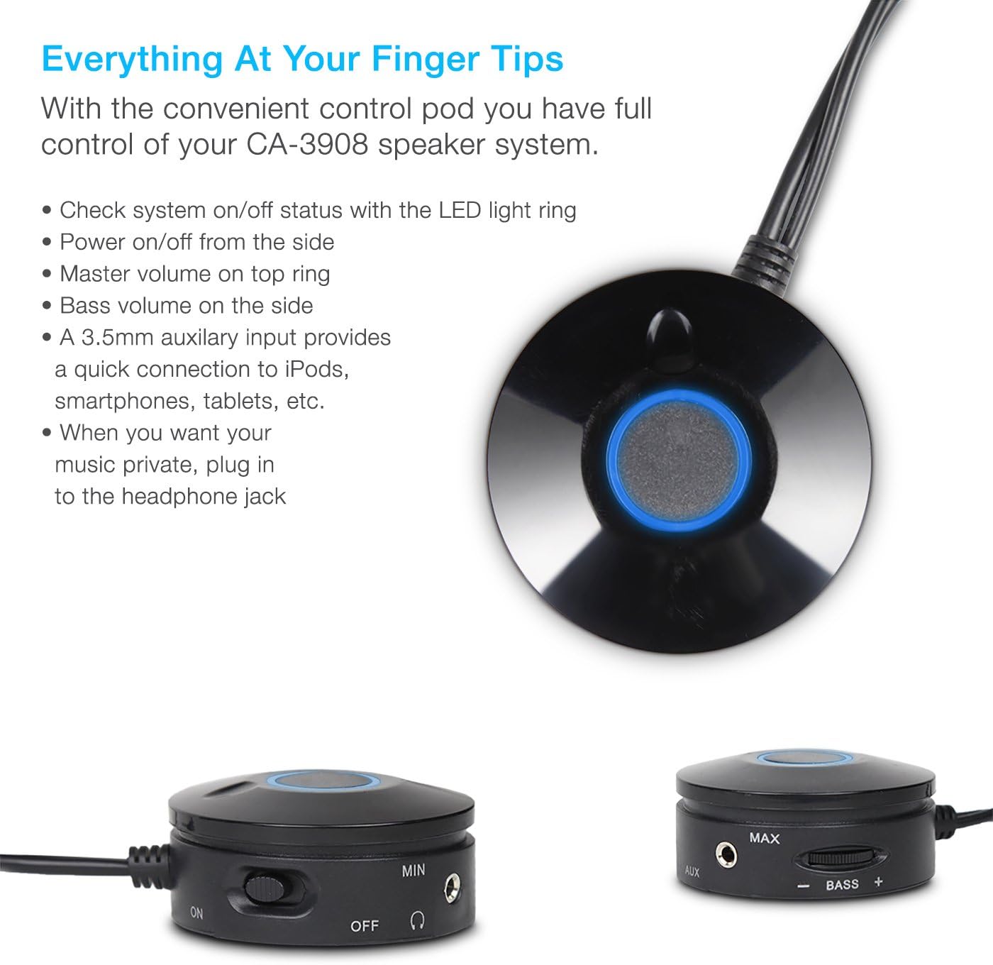 Cyber Acoustics CA-3908 2.1 Stereo Speaker System with 6.5" Subwoofer and Control Pod - Computer and Home Audio Set with 3.5mm AUX Input for Cellphone, Tablet, Desktop, Laptop, or Gaming