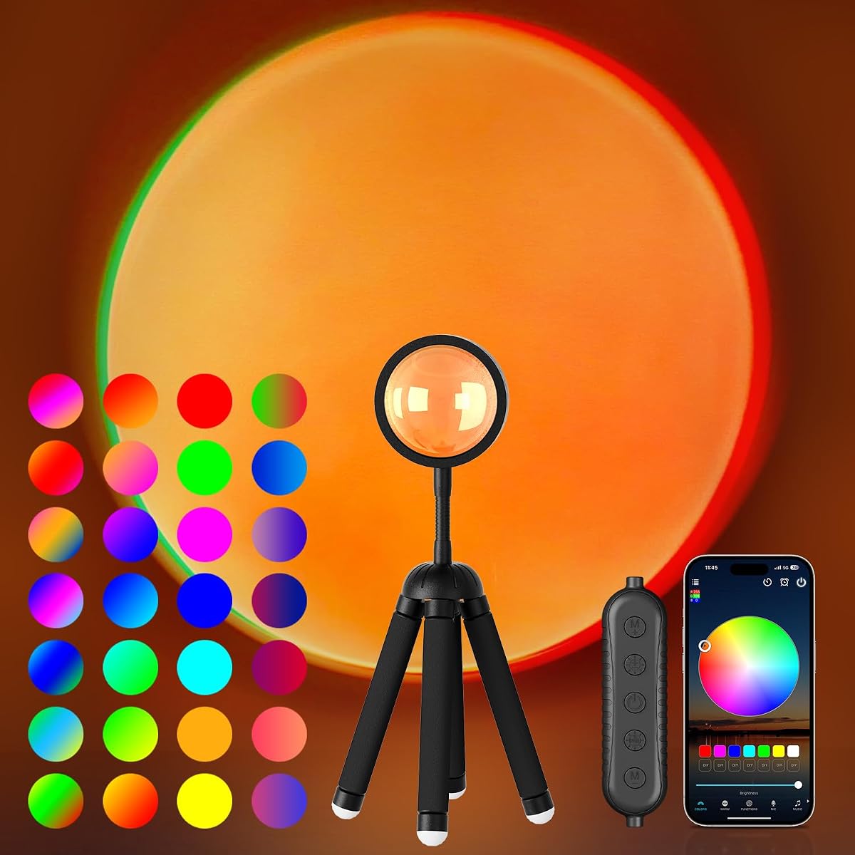 Neroupe Sunset Lamp Projector with APP Control Multicolor Changing Lights | 360 Degree Rotation Led Sunlight Lamp Set Mood Lighting Room Bedroom Decor Photography for Women