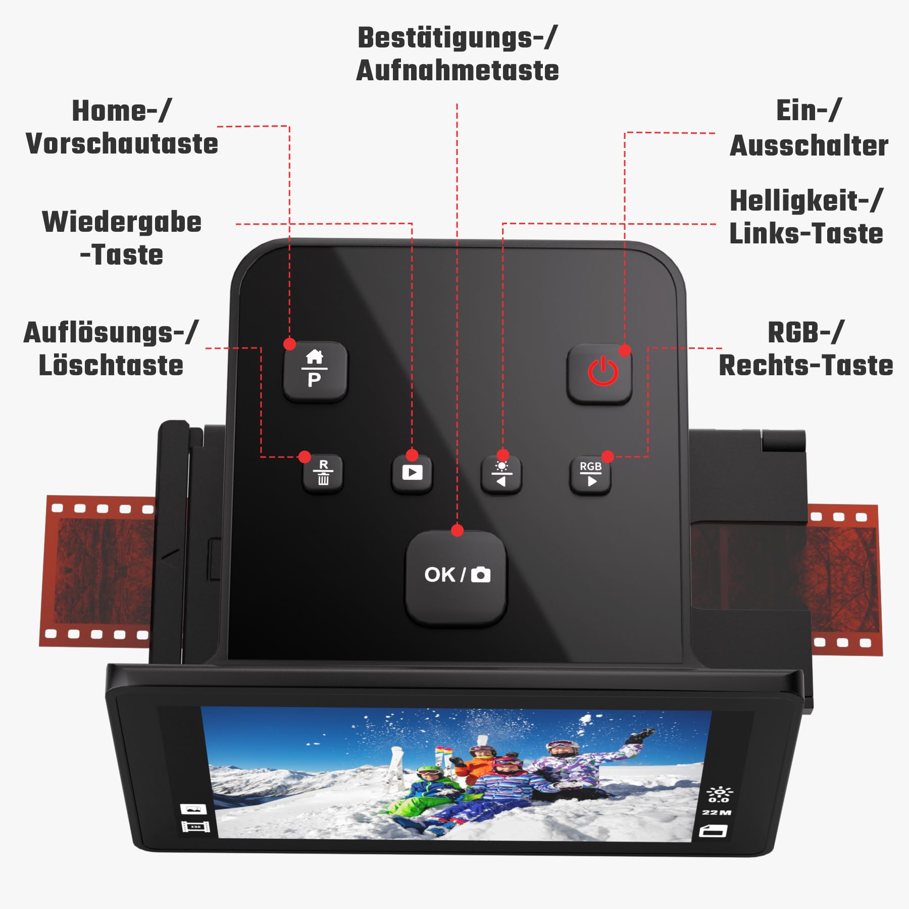 Digitaler Film- und Diascanner mit großem 5-Zoll-LCD-Display, Negativscanner und Dia Scanner zum Digitalisieren, konvertiert 135, 126 KPK, 110 Negative und Super 8-Film in 22 MP JPEG.