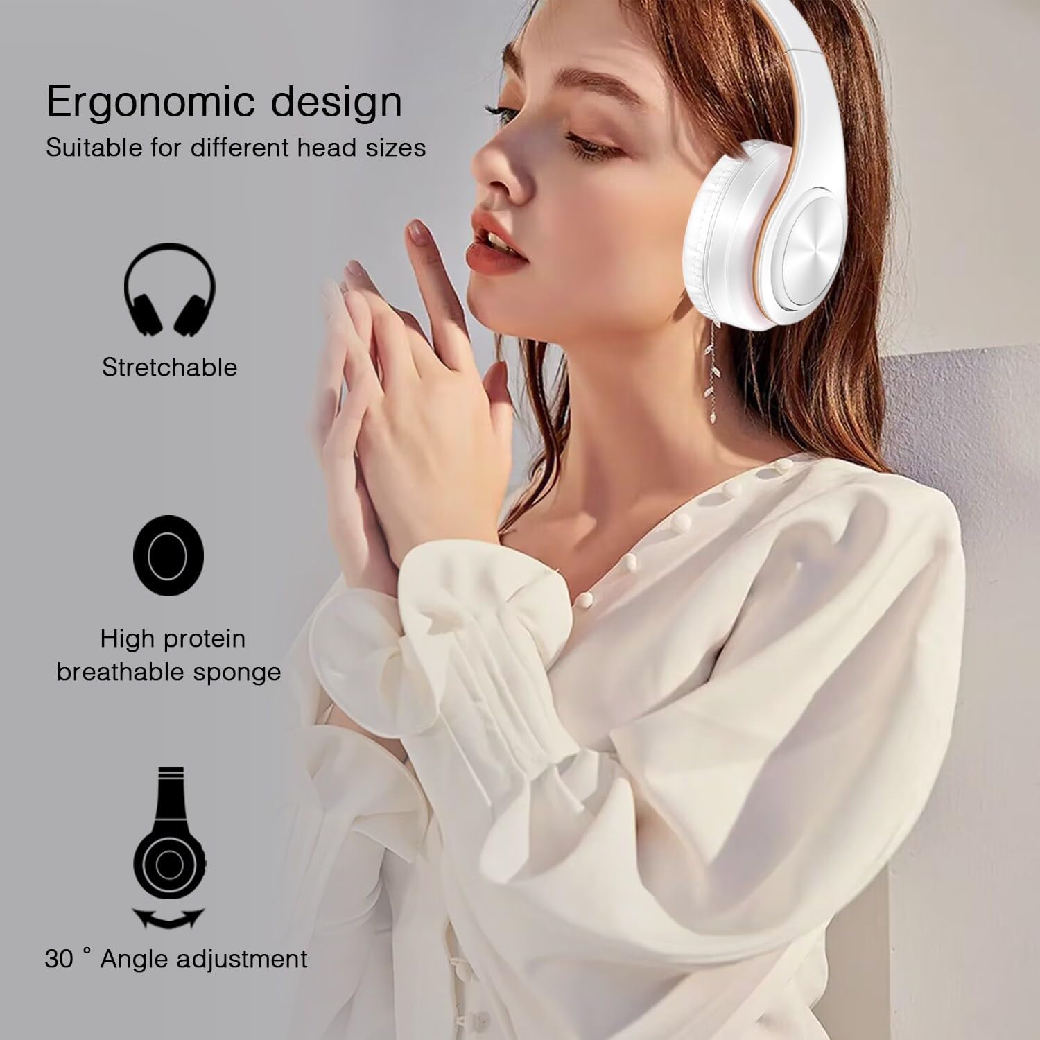 Bluetooth Headphones, Chat- Comfortable Over Ear Stereo Headphsets with Mic, Soft Earmuffs/Foldable/SD/TF, 20H Playtime, Great for Music/OFC/Tour/Gym/Game (2pcs Gold Colors)