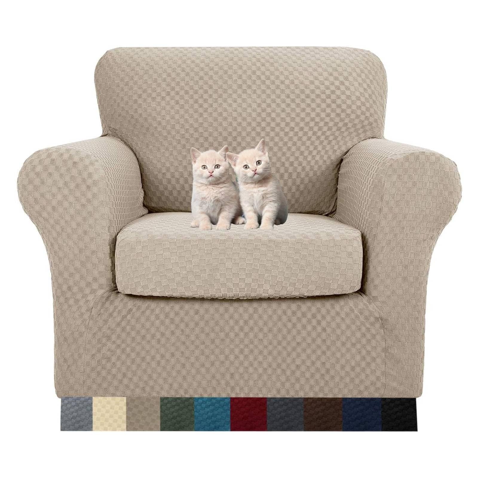 MAXIJIN 2 Pieces New Jacquard Chair Cover with Arms, Super Elastic Non-Slip Pet Friendly Living Room Elastic Protector for Sofa Armchair (1 Seater, Khaki)