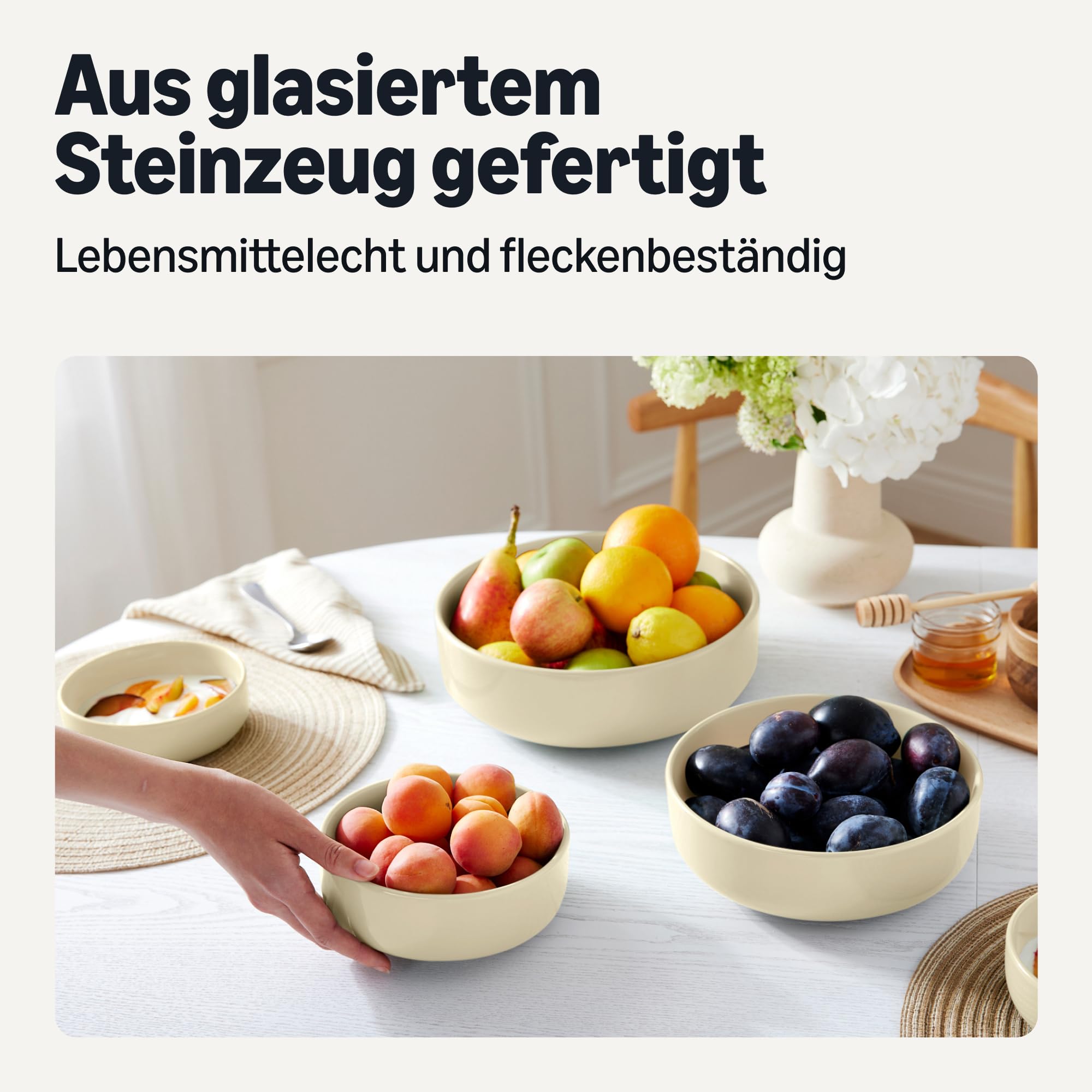 Amazon Basics Glasierte Steingut-Servierschalen, 3-Teiliges Set, Spülmaschinenfest, Elfenbeinfarben