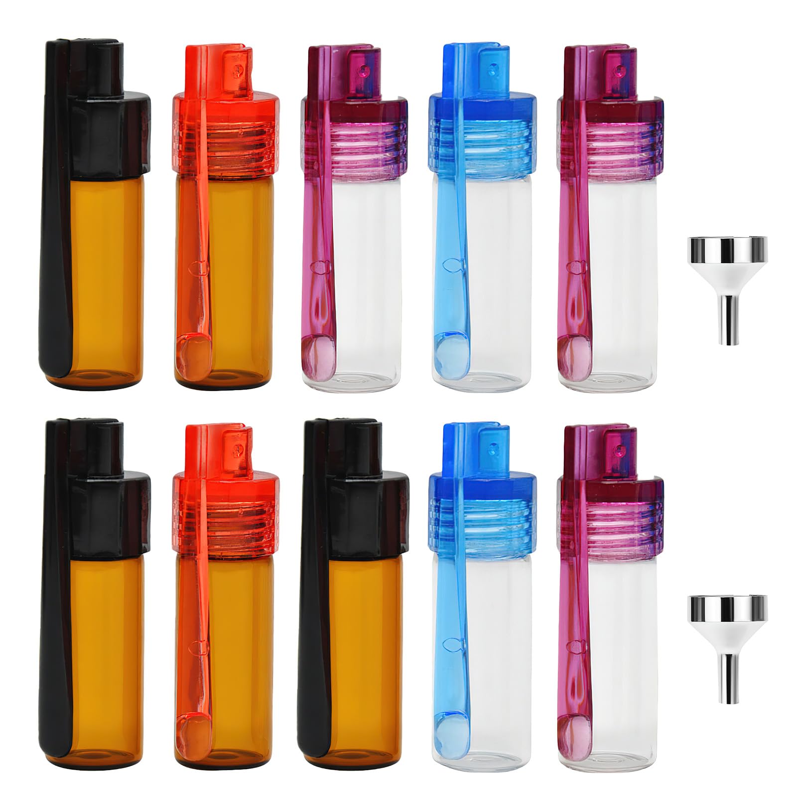 10 Pièces Flacon de Poudre à épices avec Cuillère et 2 Entonnoirs Argentés, 51mm Flacon Distributeur de Poudre, Petit Pot à Epices en Verre Adapté Au Camping et Aux Voyages (Couleur Aléaoire)