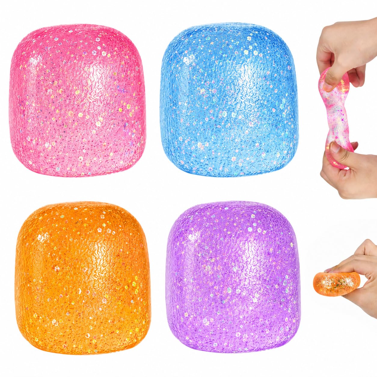 4 PCS Squishy Fidget Toys, Glitter Stress Balls, Slow Rising Sensory Squeeze Toys with Gift Box, Soft Oval Stress Relief Fidget Toys for Kids & Adults, Home & Office