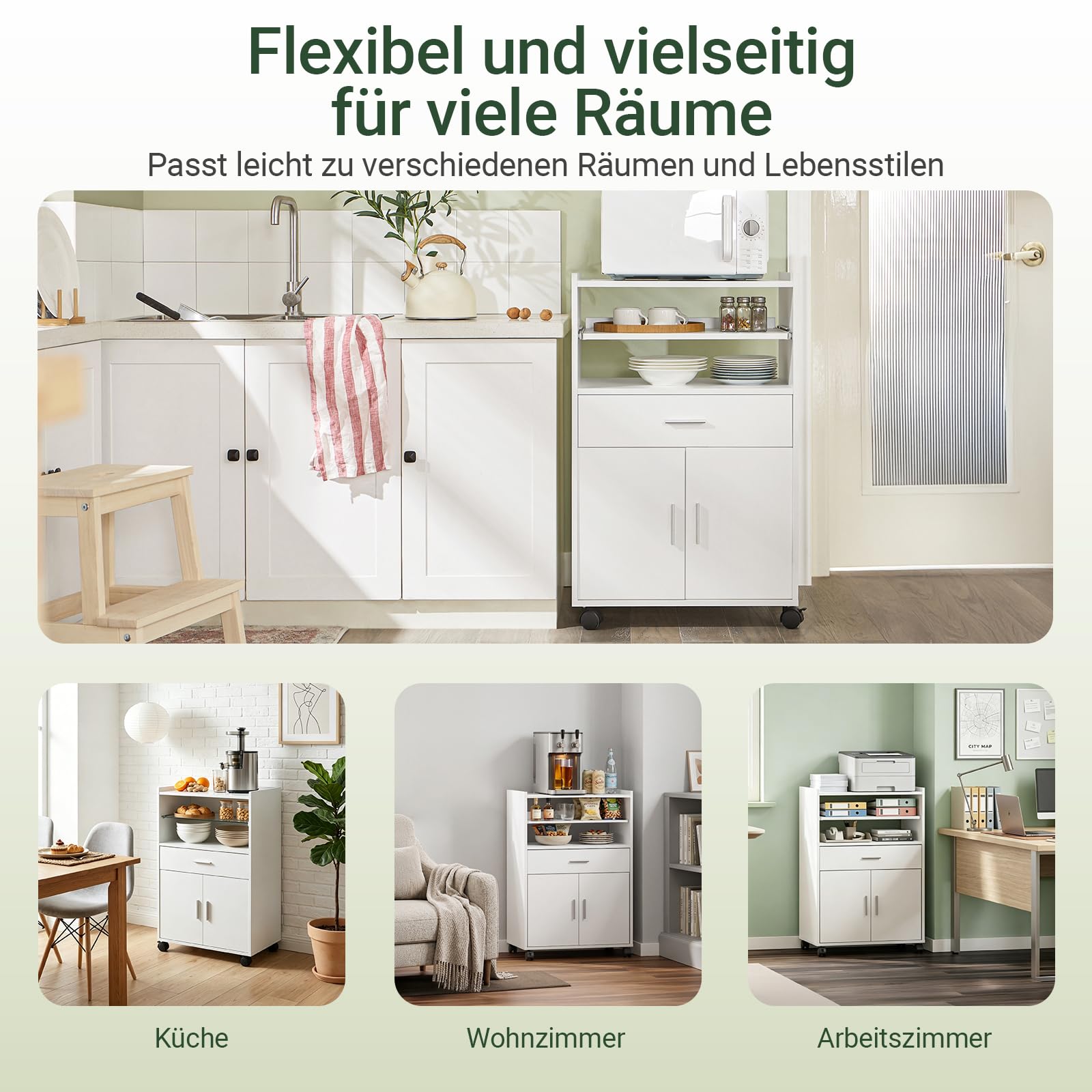 SoBuy Küchenwagen mit Rollen, multifunktionaler Mikrowellenschrank mit ausziehbarer Ablage, Kücheninsel mit Arbeitsplatte, für kleine Küchen, Esszimmer & Büro, Weiß ca. B59xH92xT40 cm FSB09-W