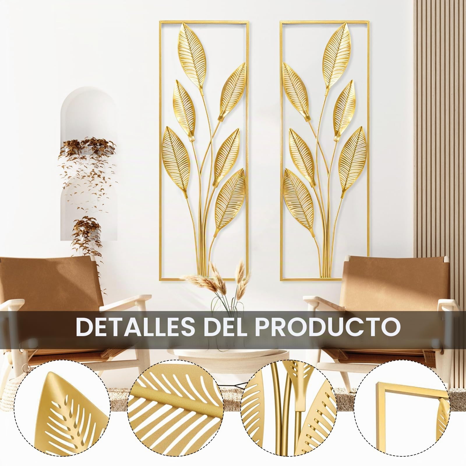 DecoracióN De Pared De Metal, 2 Piezas De DecoracióN De Pared Para Sala De Estar Hechas A Mano PéTalos De Pera Dorados Arte De Pared Moderno Para Sala De Estar Y Dormitorio (Montaje Sin Clavos)