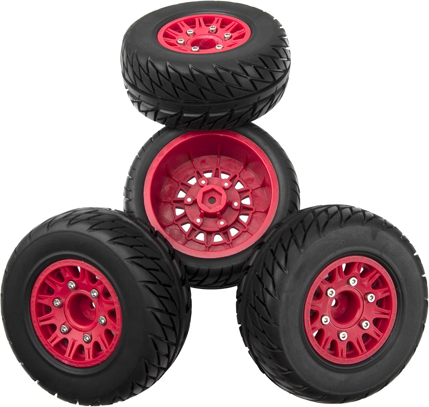 4Pack Vgoohobby 4.45" 1/10 RC Off-Road Car Rubber Tires & Plastic Wheels Rim Compatible with Traxxas Arrma Redcat Tamiya HPI Kyosho 1/10 RC Off-Road Buggy Short-Course Truck (Red,Style 2 Tire-Skin)