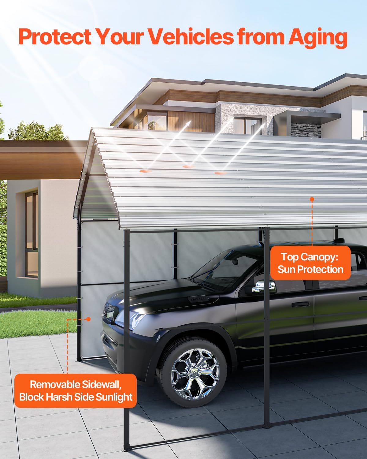 VEVOR Carport en métal pour usages graves 3,6 x 6 x 3,15 m avec structure et toit en acier galvanisé, rideau de garage parois latérales amovibles, abris de voiture multi-usages pour ramassage, bateau,