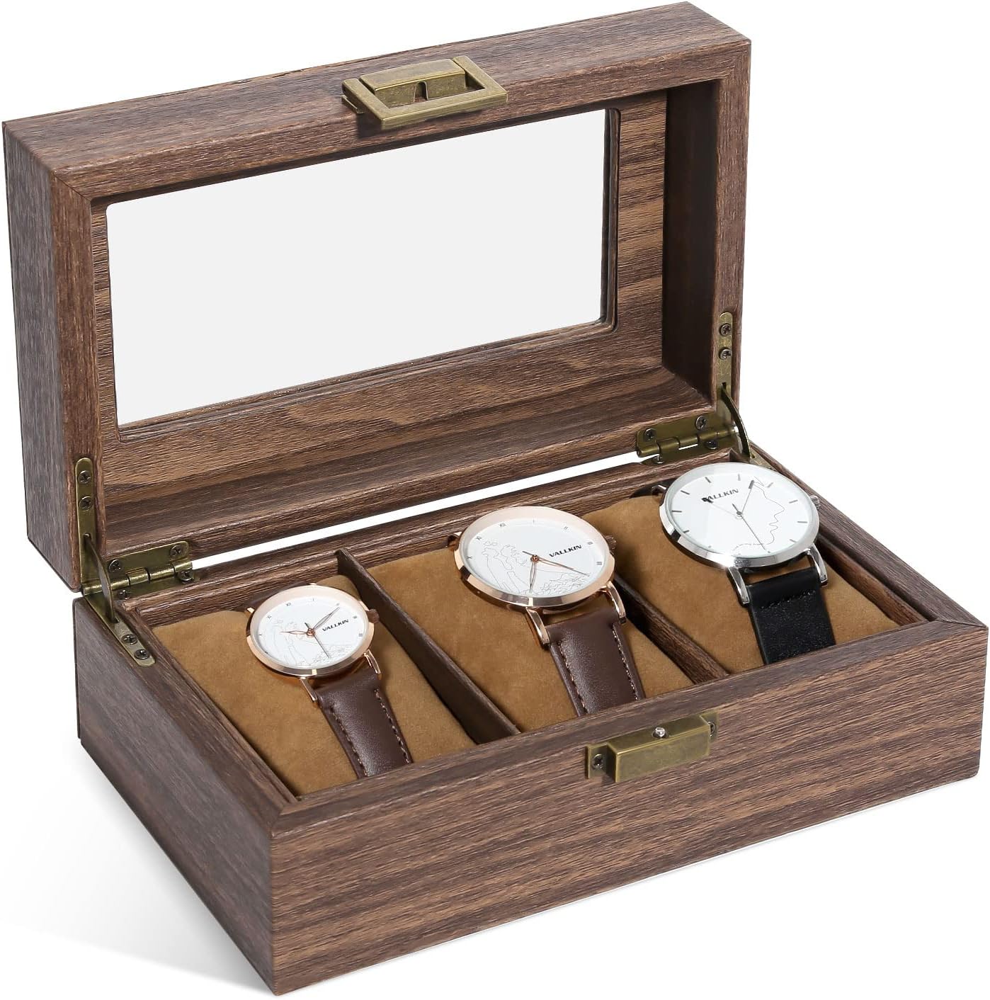 Boîte à Montres 24 Compartiments - Coffret Velours Marron, Couvercle Verre, Serrure à Clé