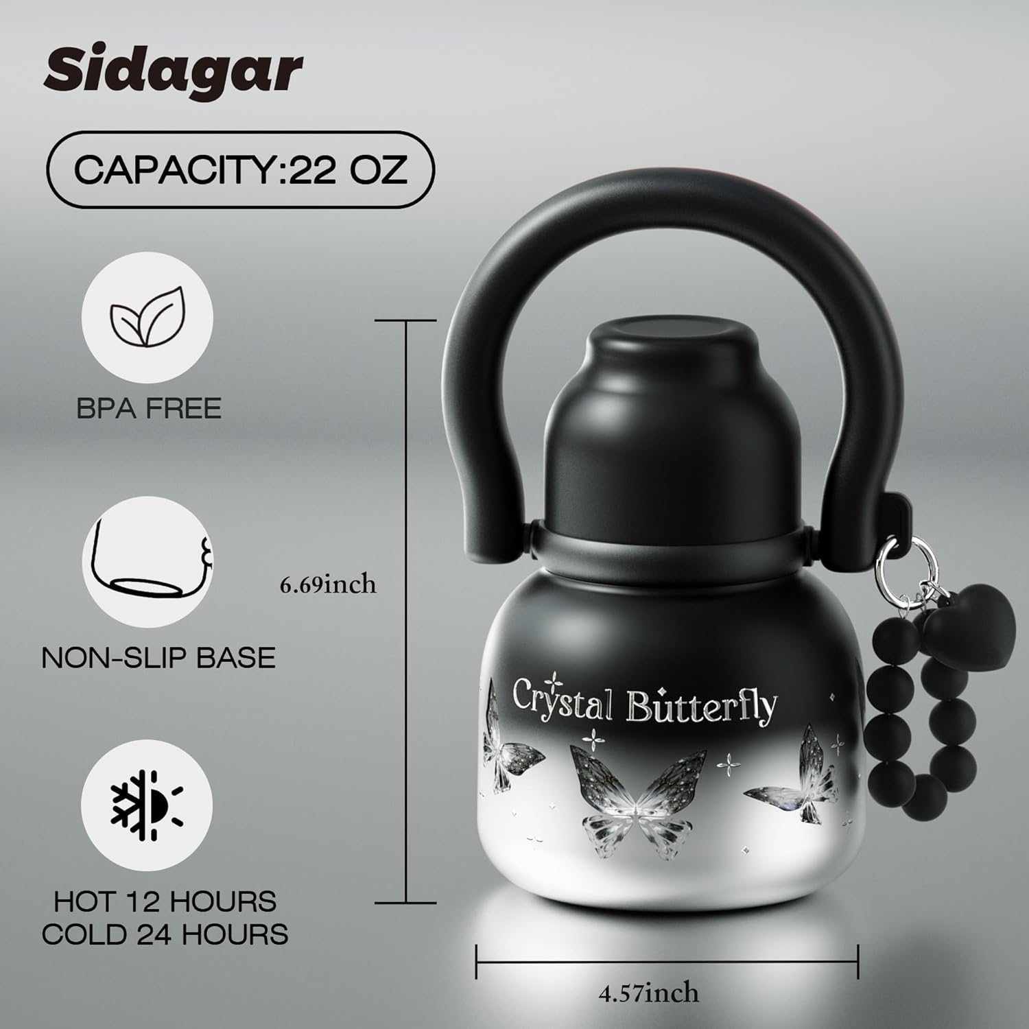 22 oz Water Bottle with Straw and Bowl, Wide Mouth Insulated Stainless Steel Tumbler, Travel Water Cup Drinks Flask for Women Easy Carry - Crystal Butterfly Silver - Image 3