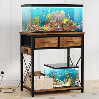TFK Heavy Duty 20-37 Gallon Aquarium Stand with Power Outlets & Storage Drawers - Metal Fish Tank Stand for Turtle & Reptile Tanks, Brown